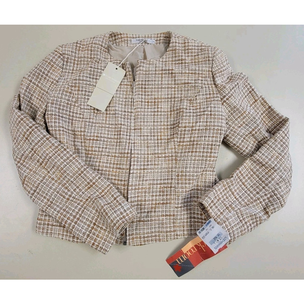 Yumi Mazao Collection Fitted Beige Tan Tweed Plaid Blazer Jacket Full Zip Sz 42
